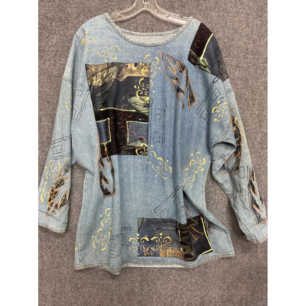 Vintage Victorias 1996 Hand Painted Denim Tunic Top Wearable Art Blue One Size